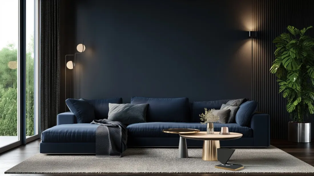 Salon contemporain bleu nuit avec table basse dorée et lampes d’ambiance