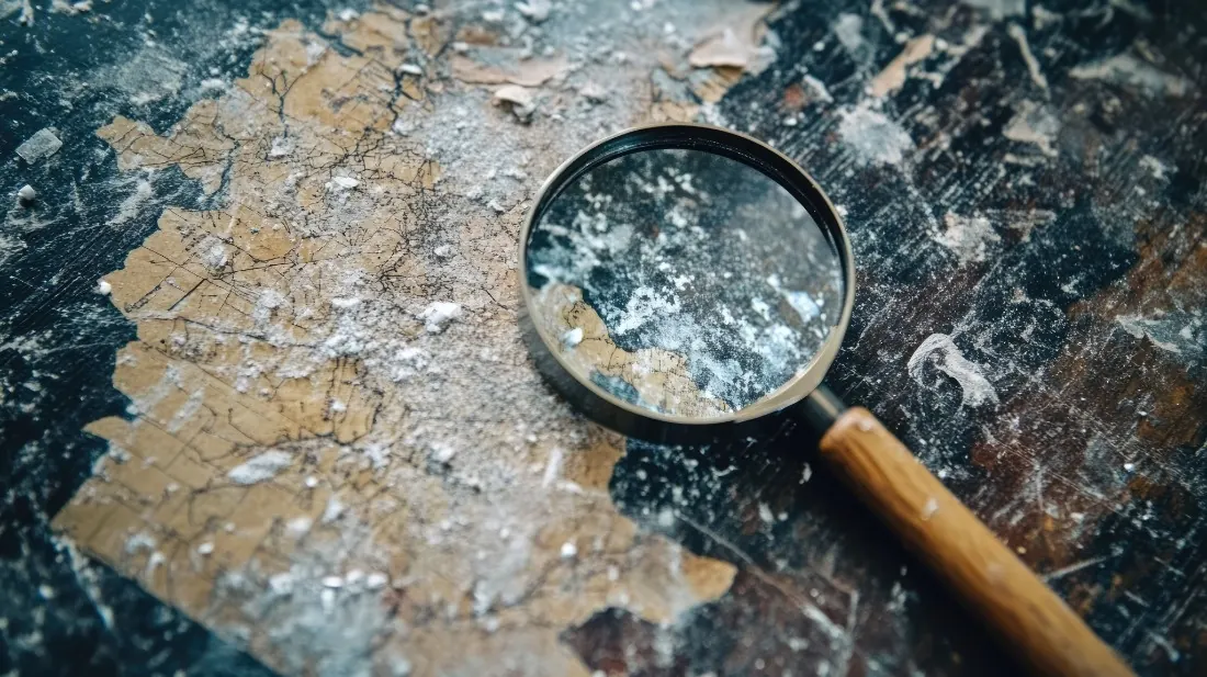 Loupe posée sur un mur dégradé, recherche d’amiante lors d’un diagnostic