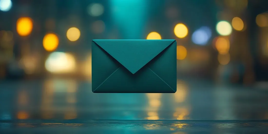 Enveloppe turquoise devant un fond de lumières floues, contact OJ Diag Immo
