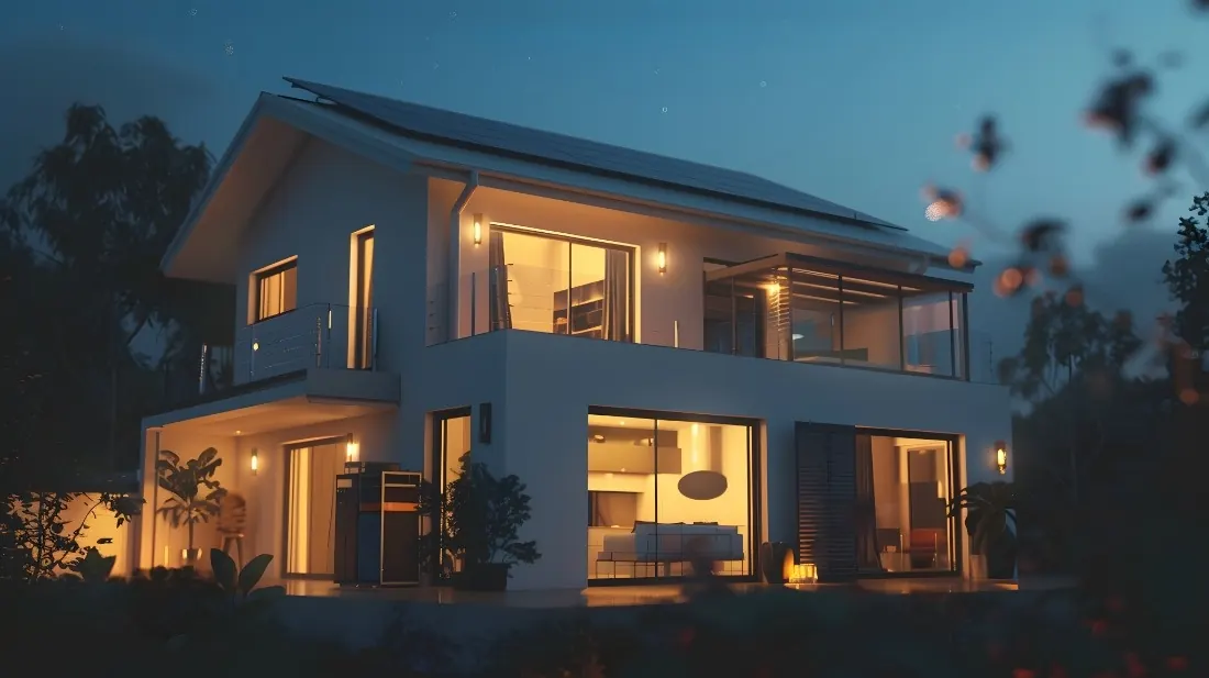 Maison contemporaine éclairée à la tombée de la nuit en Île-de-France